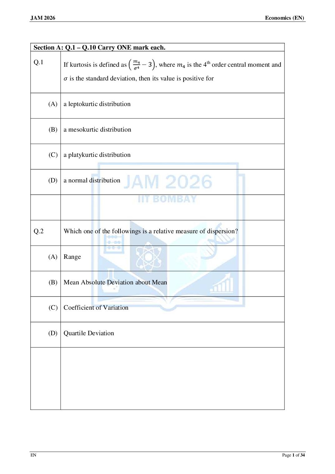 JAM 2026 Question Paper Economics (EN) - Page 1 of 34
