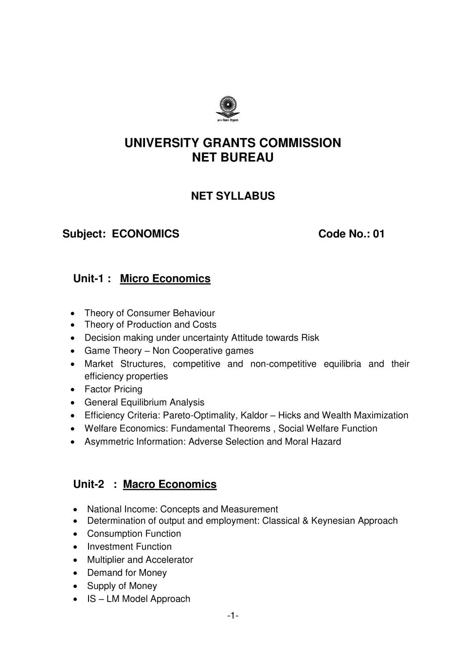 UGC NET Syllabus for Economics 2020 - Page 1