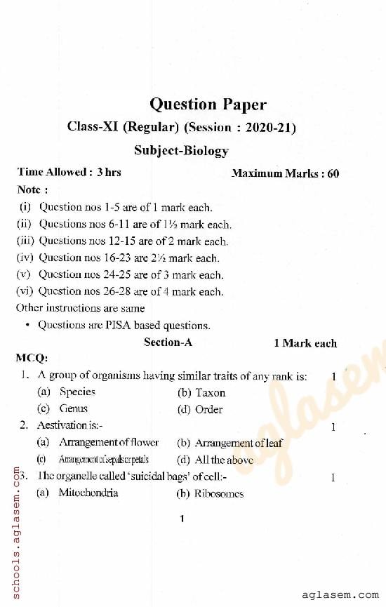 HP Board Class 11 Question Paper 2021 Biology - Page 1