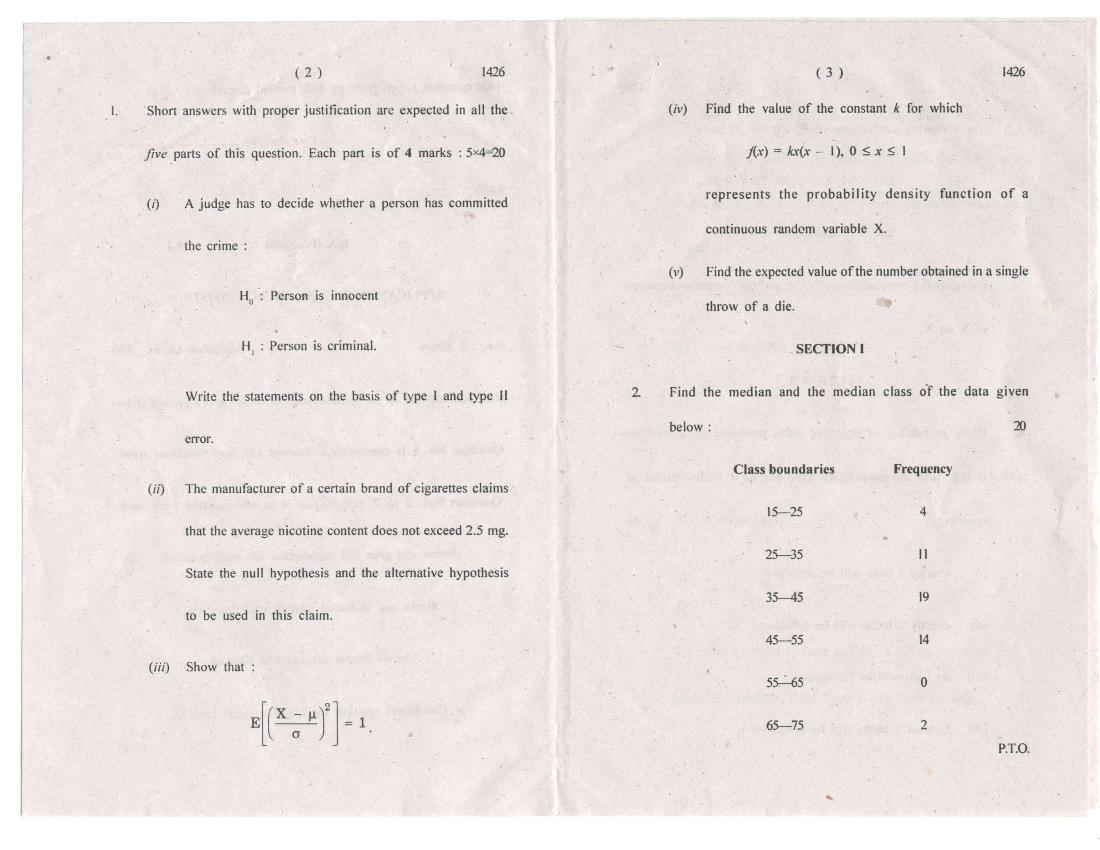 Du Sol Ba Programme 3rd Year Basic Statistics Question Paper 2016
