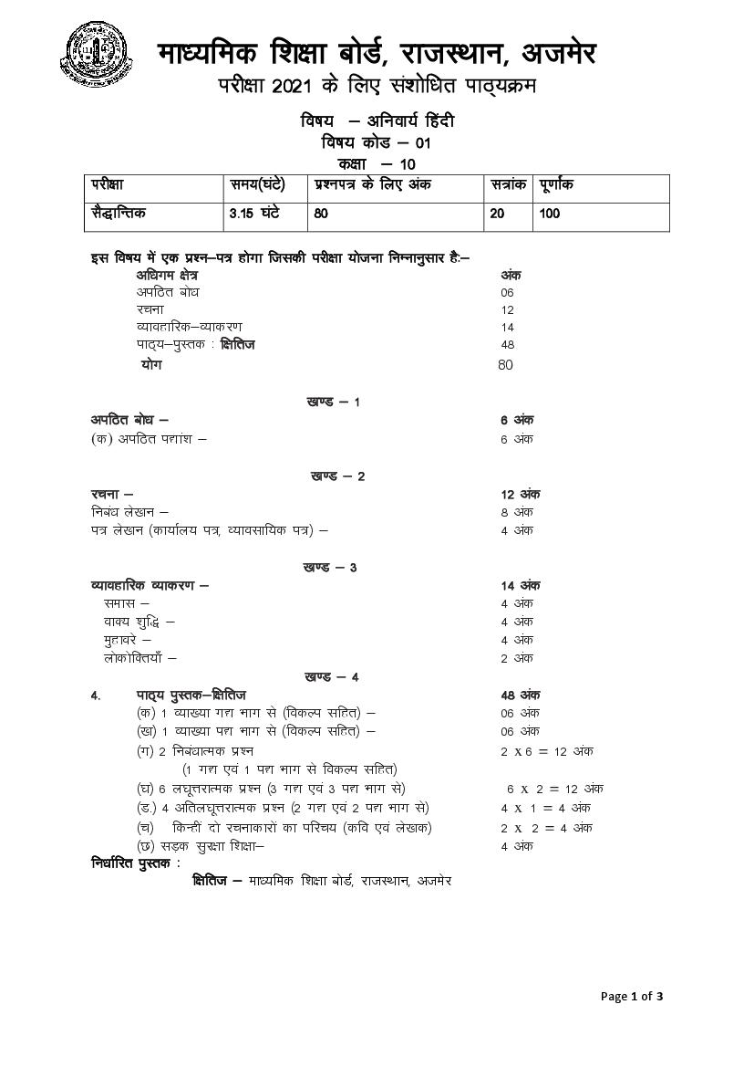 RBSE Class 10 Syllabus 2021 - Page 1