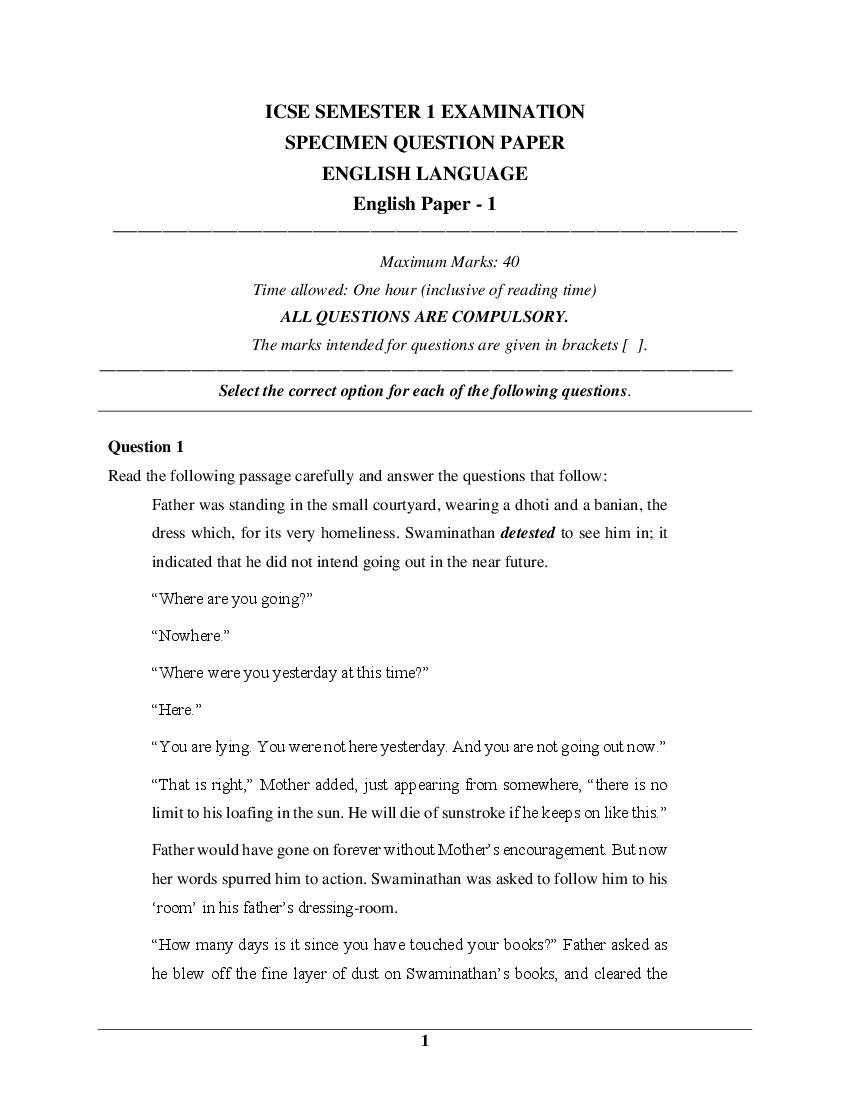 ICSE Class 10 Specimen Paper 2022  English Paper 1 Semester 1 - Page 1