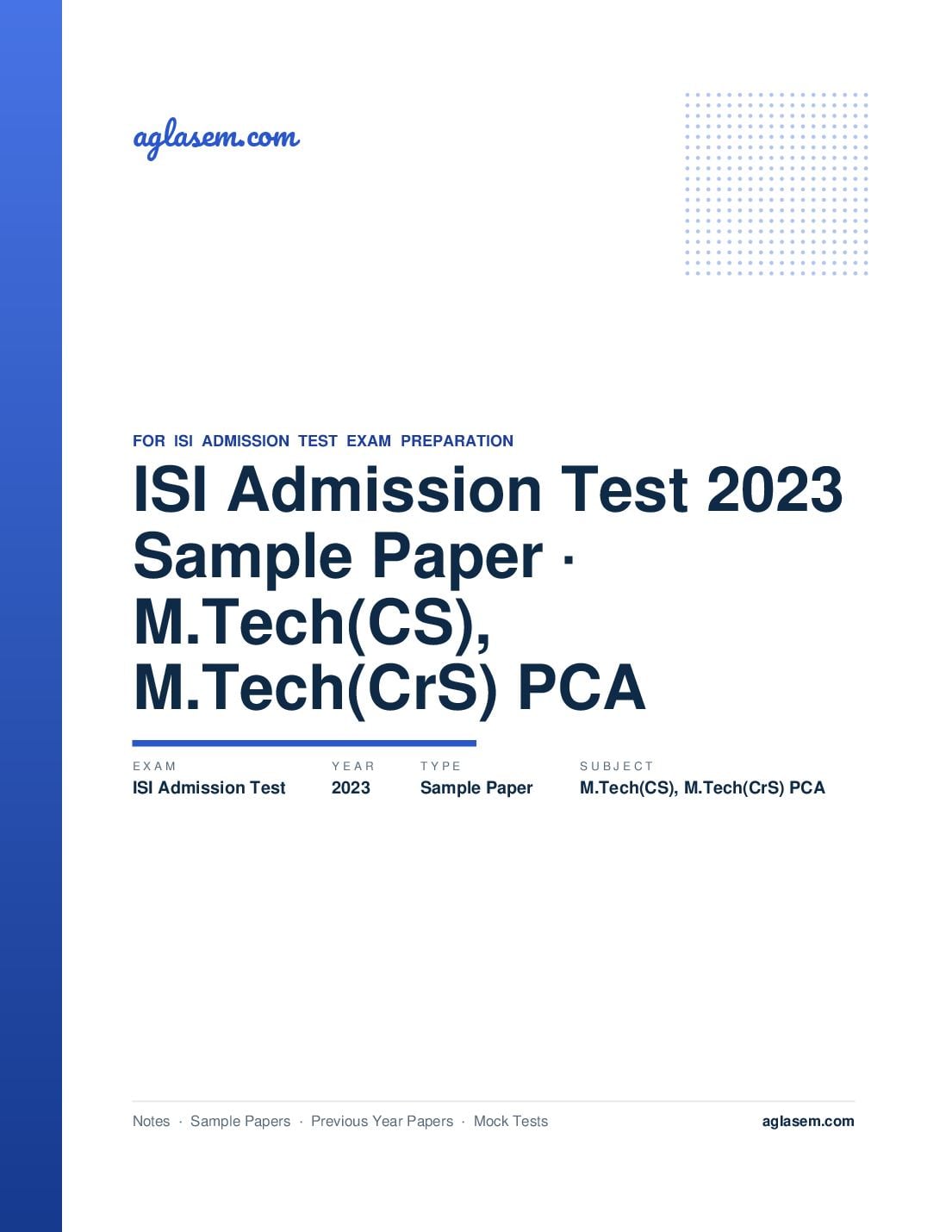 ISI Admission Test 2023 Sample Paper M.Tech(CS), M.Tech(CrS) PCA - Page 1 of 10