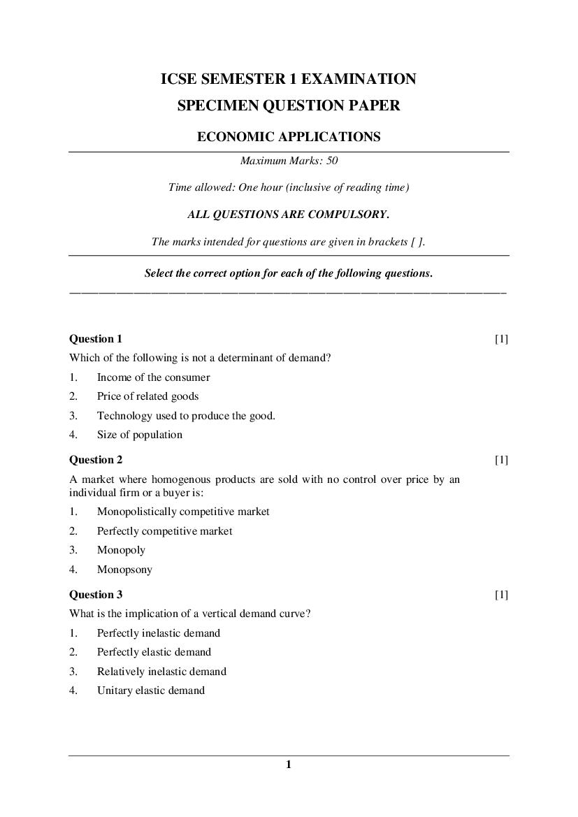 ICSE Class 10 Specimen Paper 2022  Economic Applications Semester 1 - Page 1