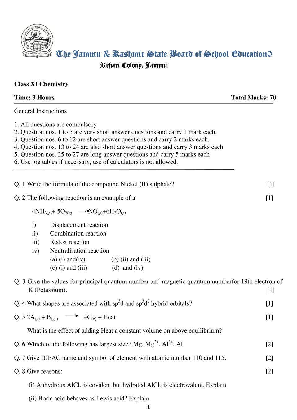 JKBOSE 11th Model Paper Chemistry - Page 1