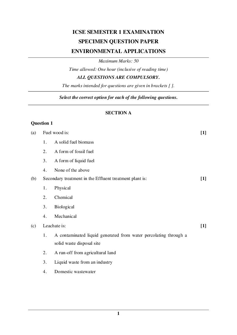 ICSE Class 10 Specimen Paper 2022  Environmental Applications Semester 1 - Page 1