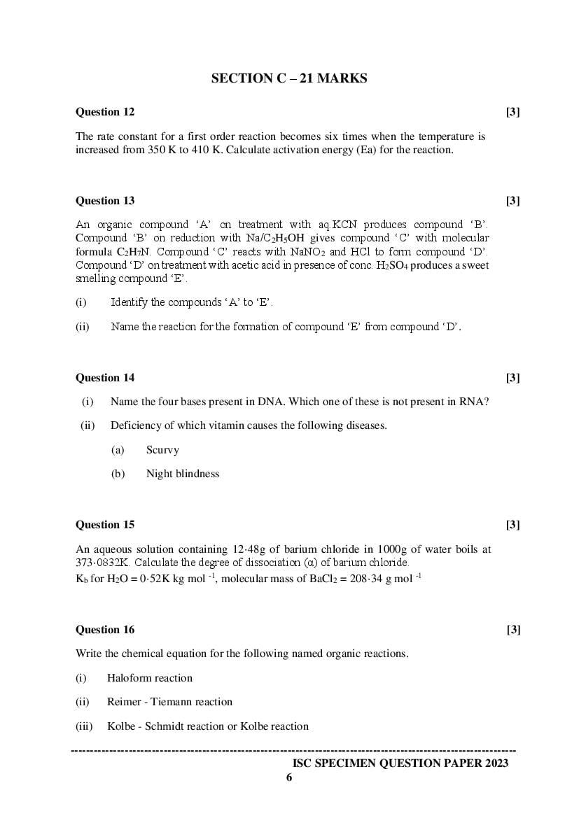 ISC Class 12 Chemistry Specimen Paper 2025 (PDF) OneEdu24