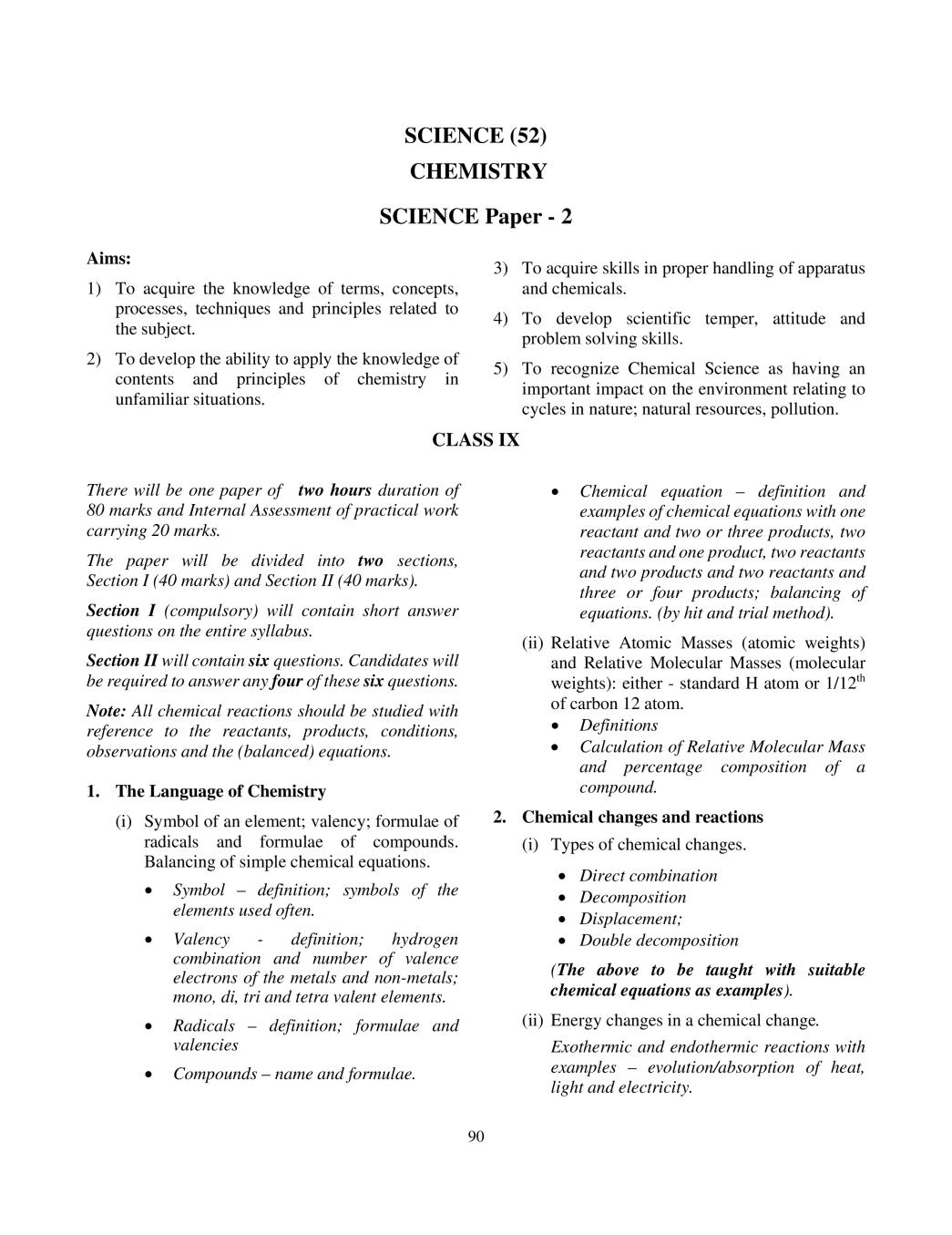 ICSE Class 10 Chemistry Syllabus 2020 - Page 1
