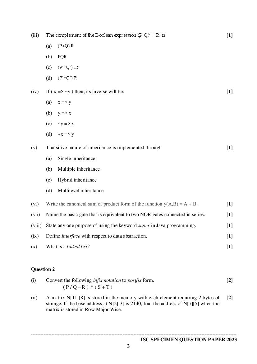 Isc Class Computer Science Specimen Paper Pdf Ncert Expert