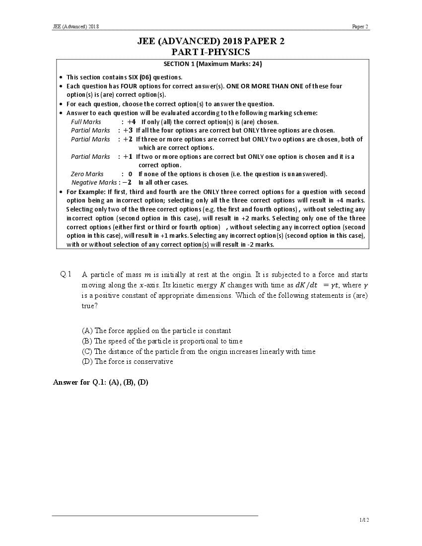 JEE Advanced 2018 Question Paper 2 with Answer Key - Page 1