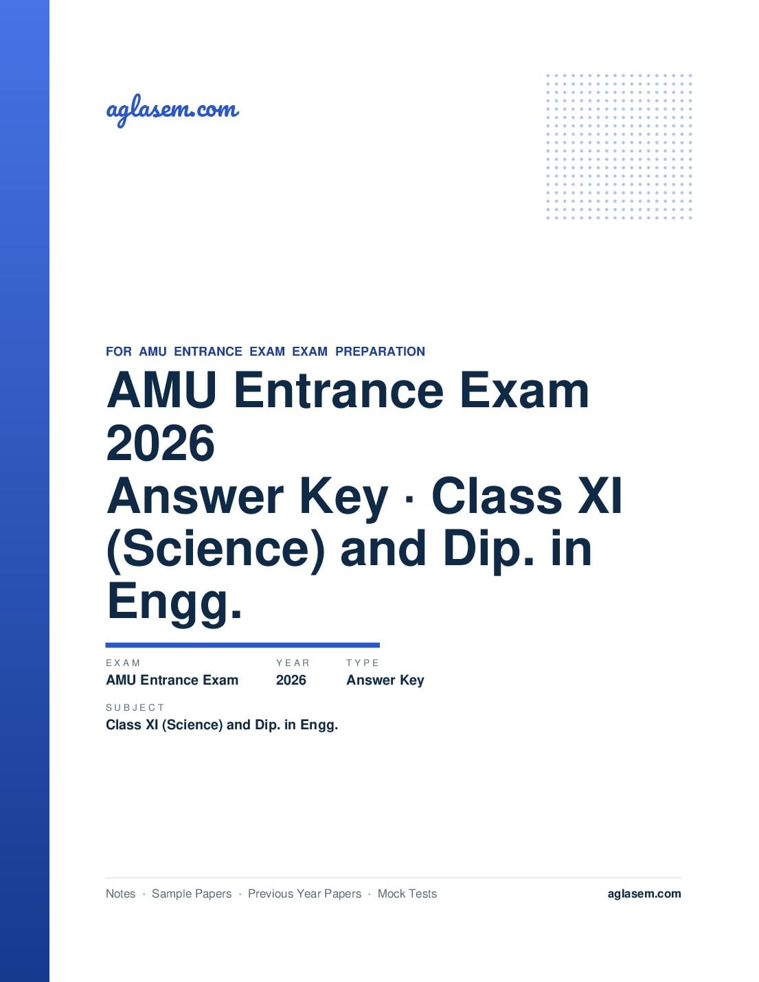 AMU Entrance Exam 2026 Answer Key Class XI (Science) and Dip. in Engg. - Page 1 of 3