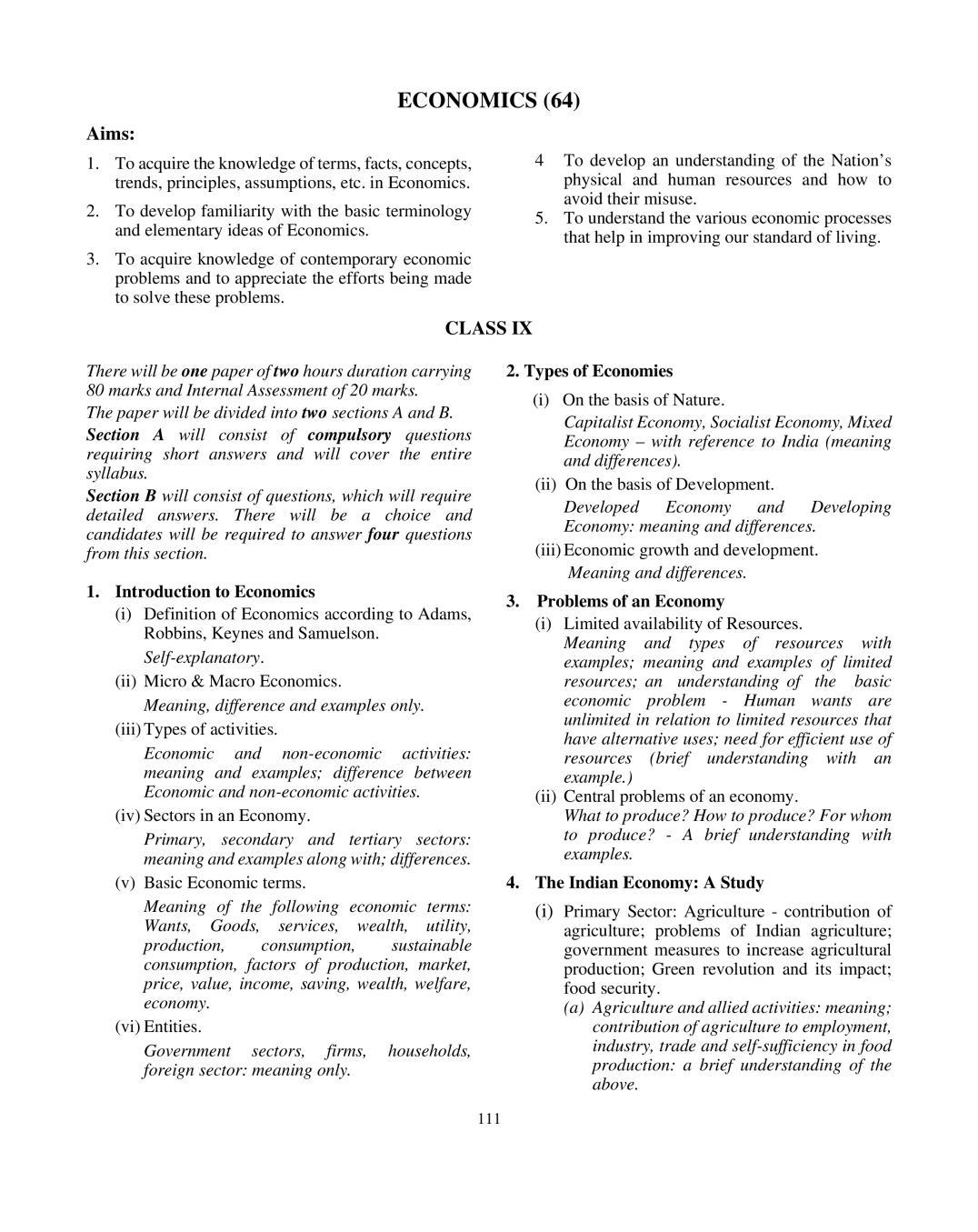 ICSE Class 10 Economics Syllabus 2020 - Page 1