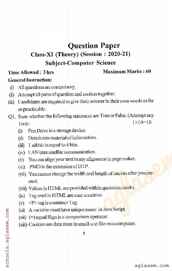 HP Board Class 11 Question Paper 2021 Computer Science - Page 1