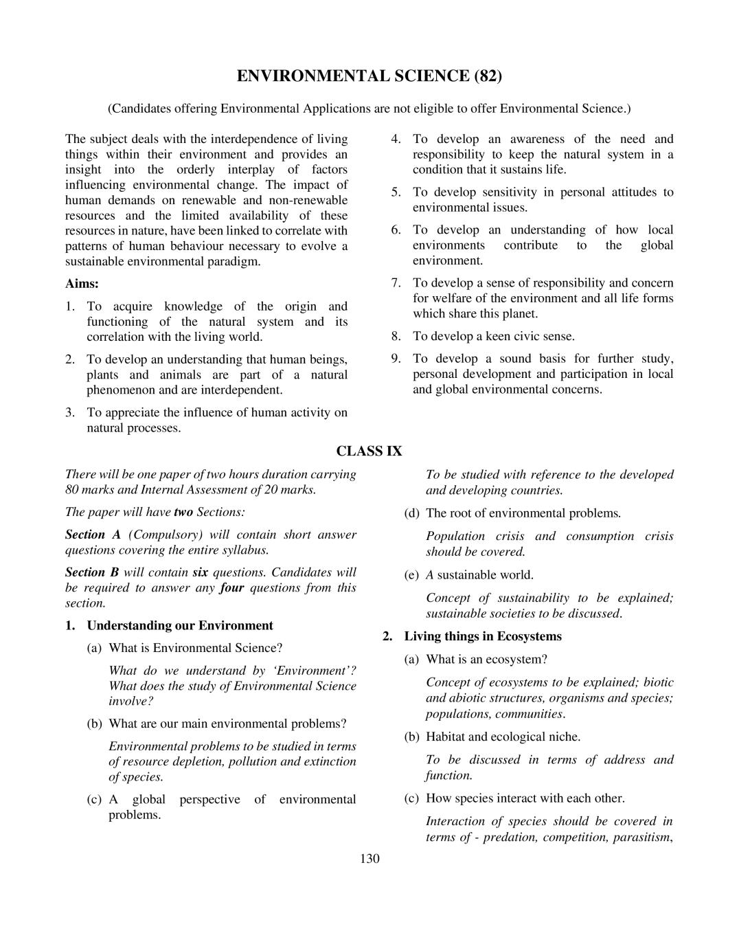 ICSE Class 10 Environmental Science Syllabus 2020 - Page 1