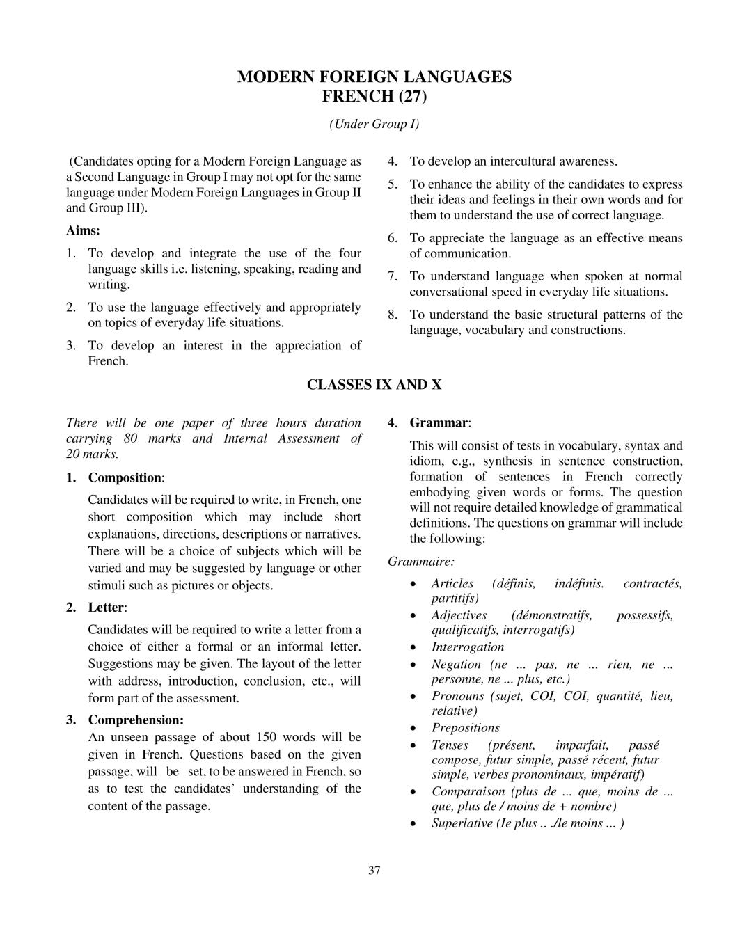 ICSE Class 10 French Syllabus 2020 - Page 1