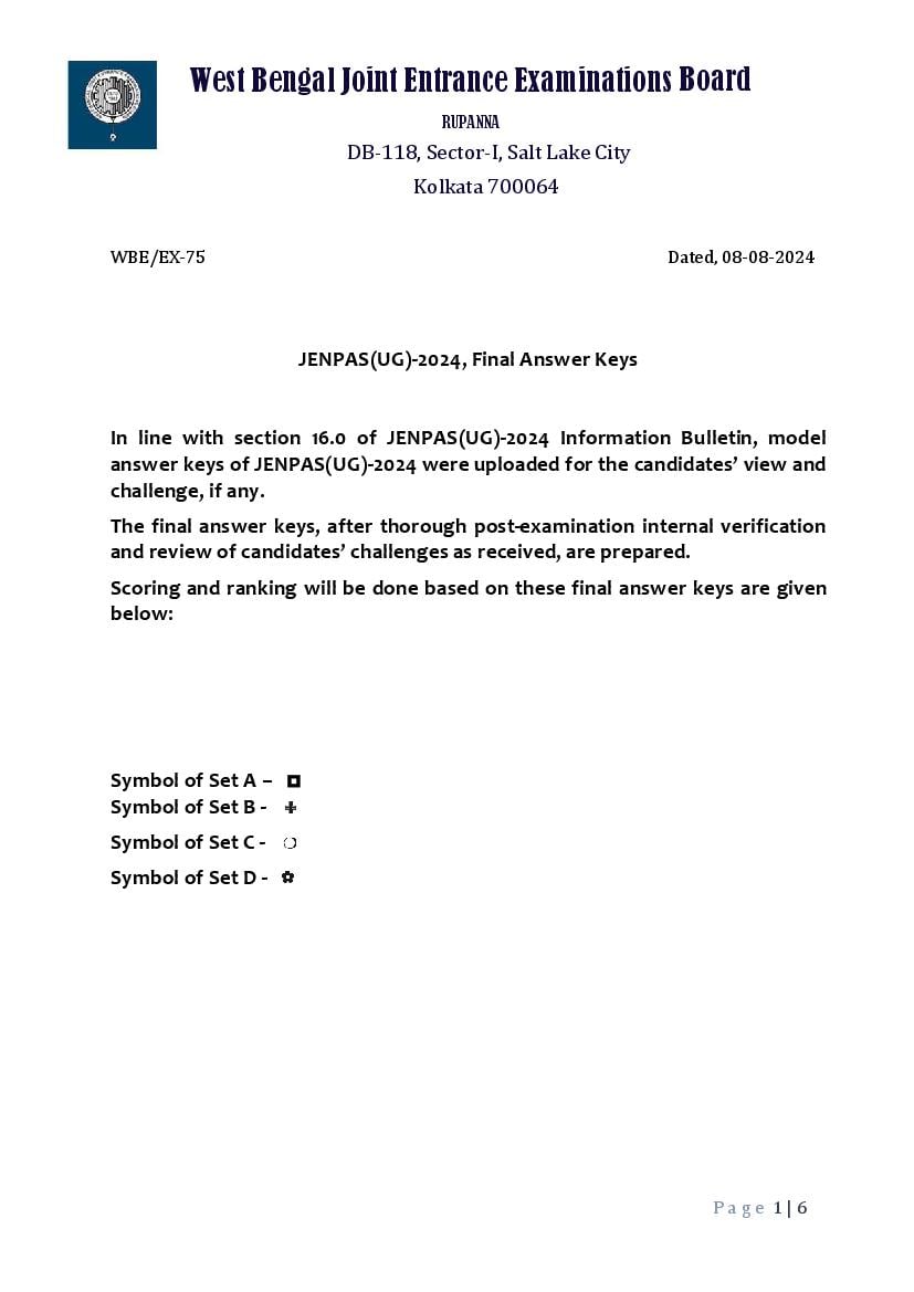 WBJEE JENPAS UG 2024 Answer Key - Page 1
