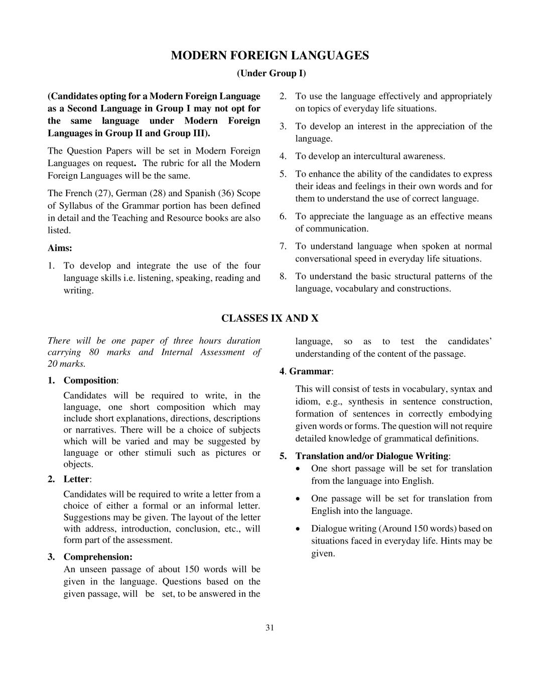 ICSE Class 10 Modern Foreign Languages Syllabus 2020 - Page 1