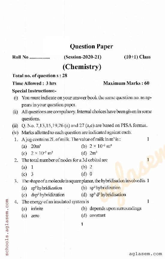 HP Board Class 11 Question Paper 2021 Chemistry - Page 1