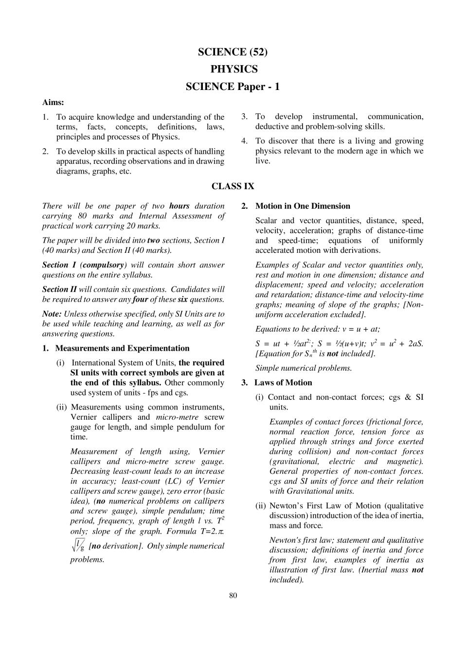 ICSE Class 10 Physics Syllabus 2020 - Page 1