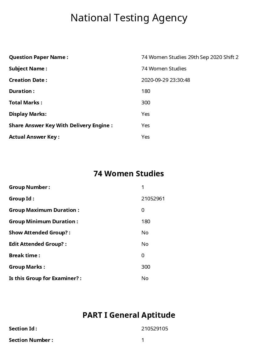 UGC NET 2020 Question Paper for 74 Women Studies - Page 1