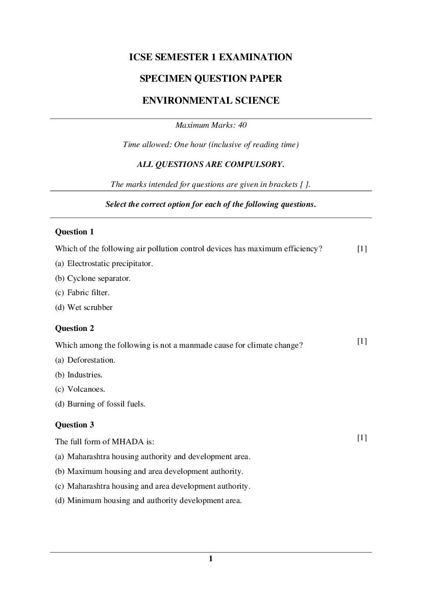 ICSE Class 10 Specimen Paper 2022  Environmental Science Semester 1 - Page 1