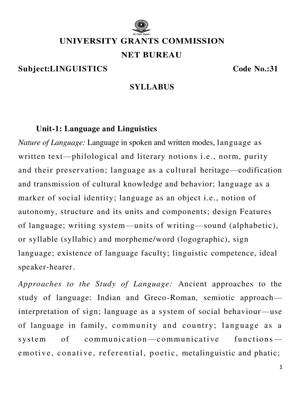 UGC NET Syllabus for Linguistics 2020 - Page 1
