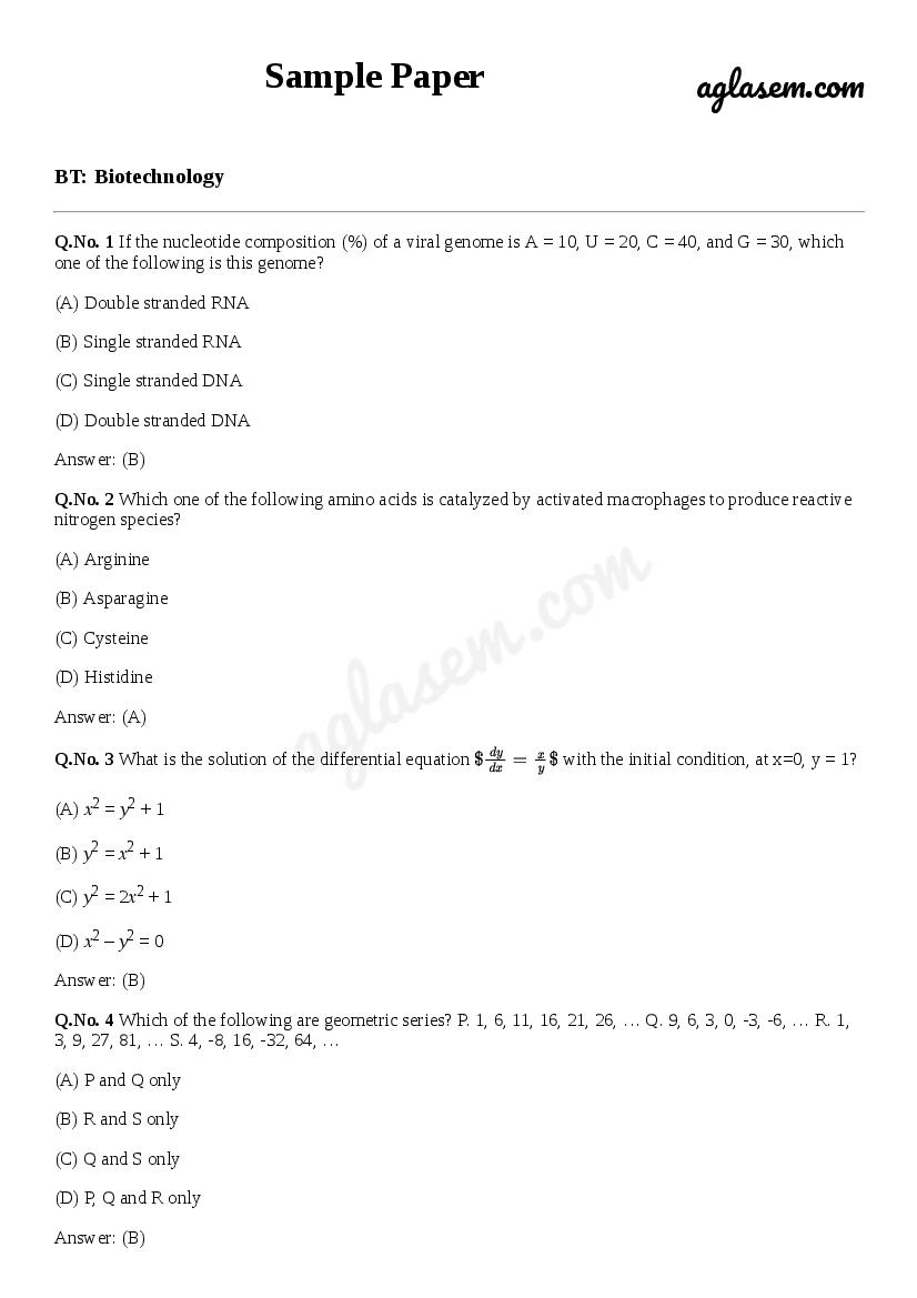 GATE Sample Paper for Biotechnology - Page 1