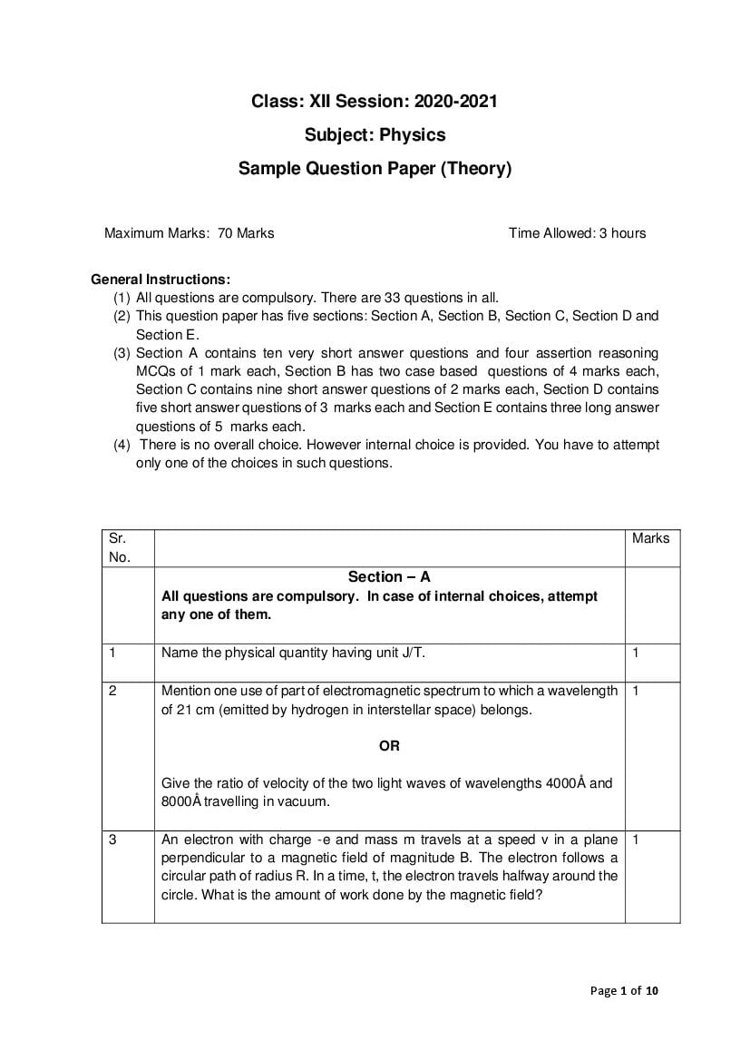 CBSE Class 12 Sample Paper 2021 for Physics - Page 1