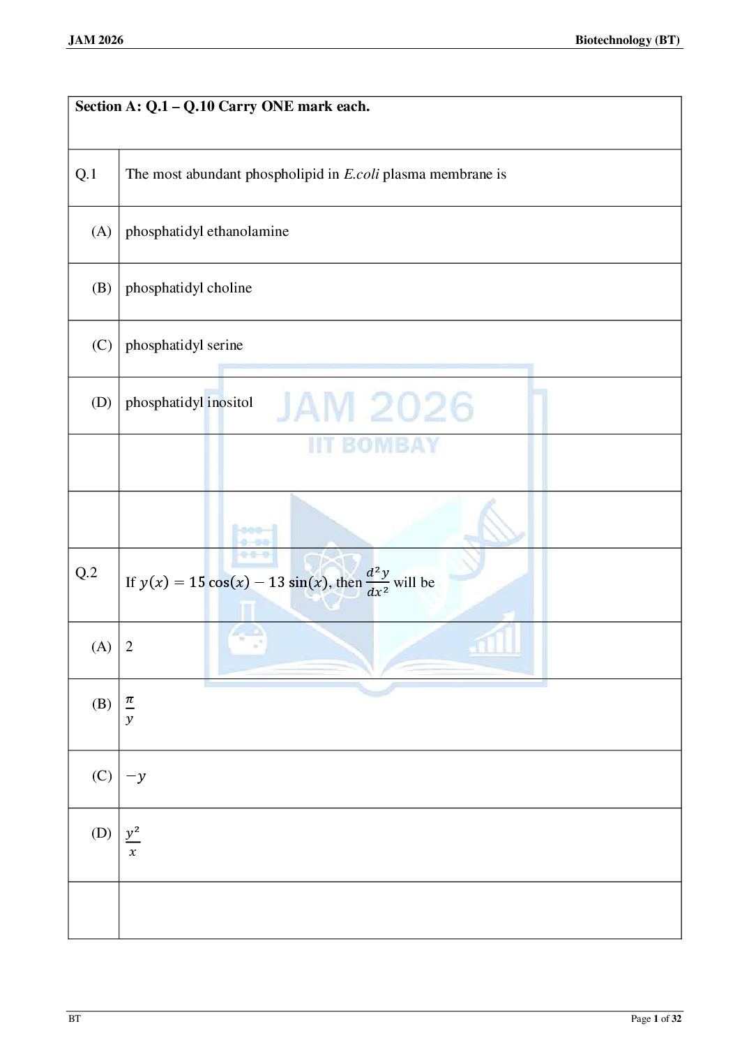 JAM 2026 Question Paper Biotechnology (BT) - Page 1 of 32