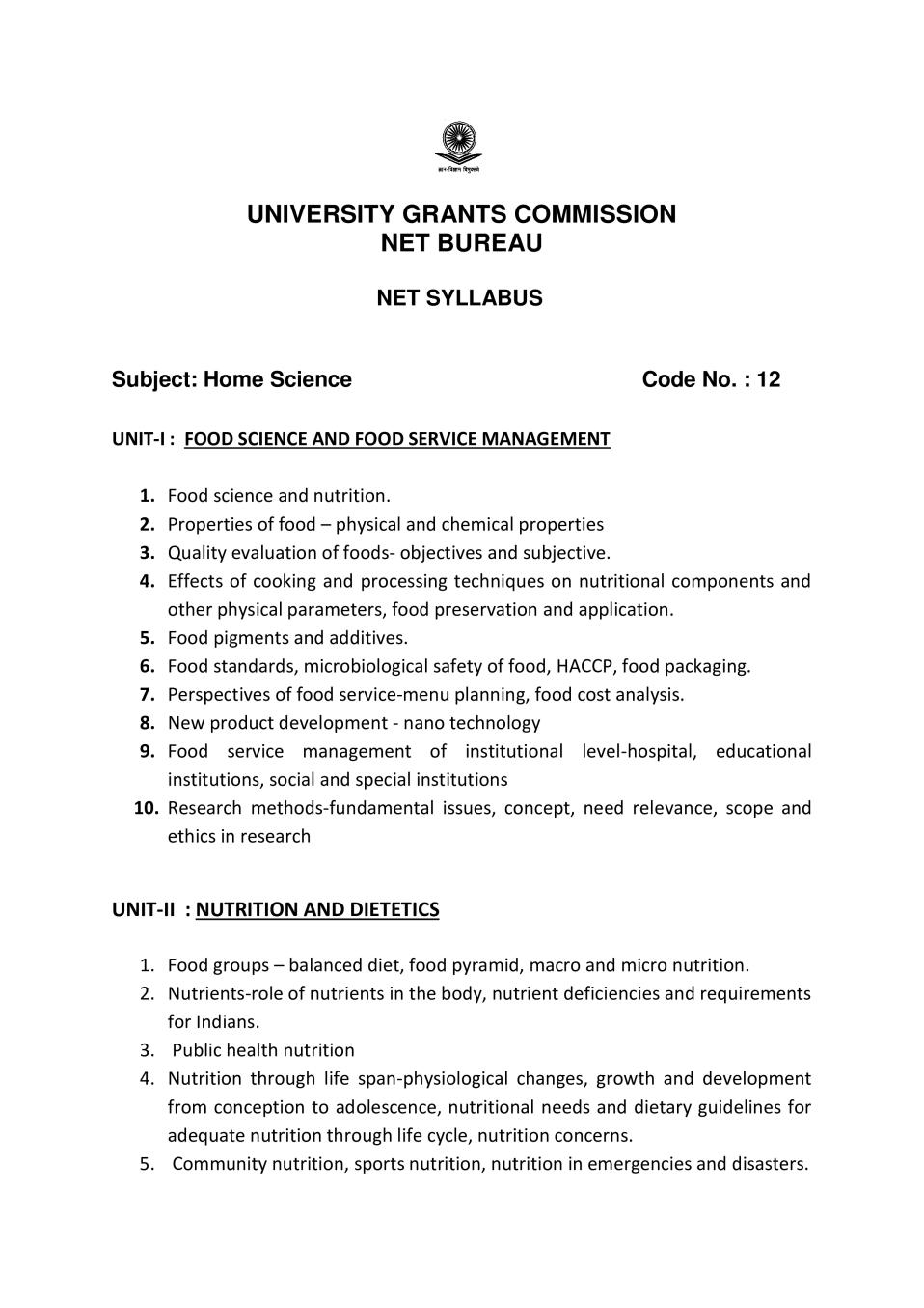 UGC NET Syllabus for Home Science 2020 - Page 1