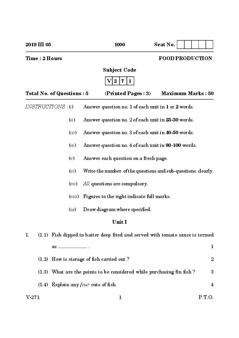 Goa Board Class 12 Question Paper Mar 2019 Food Production - Page 1