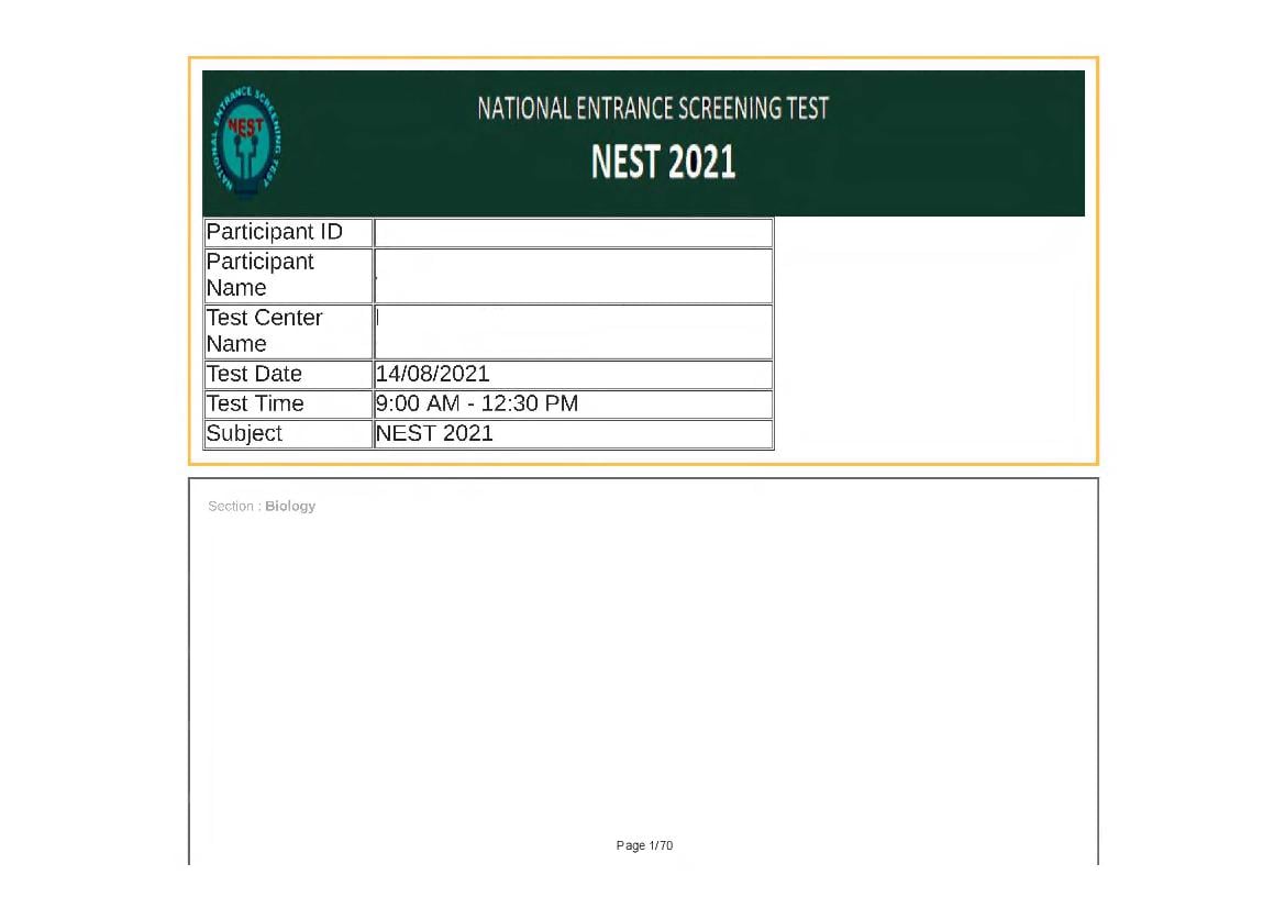 NEST Exam 2021 Question Paper Shift 1 with Answer key - Page 1