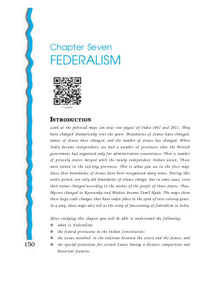 Ncert Book Class 11 Political Science Indian Constitution At Work Chapter 7 Federalism