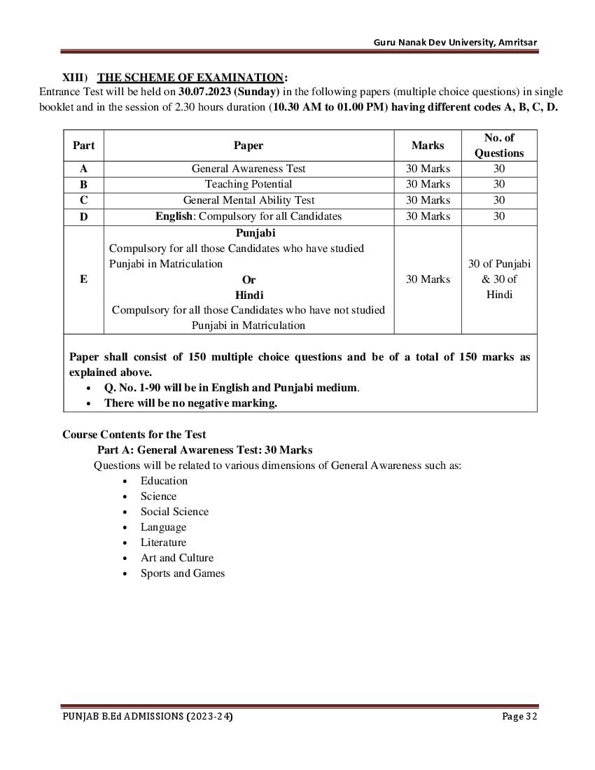Punjab B.Ed CET 2023 Syllabus - Page 1