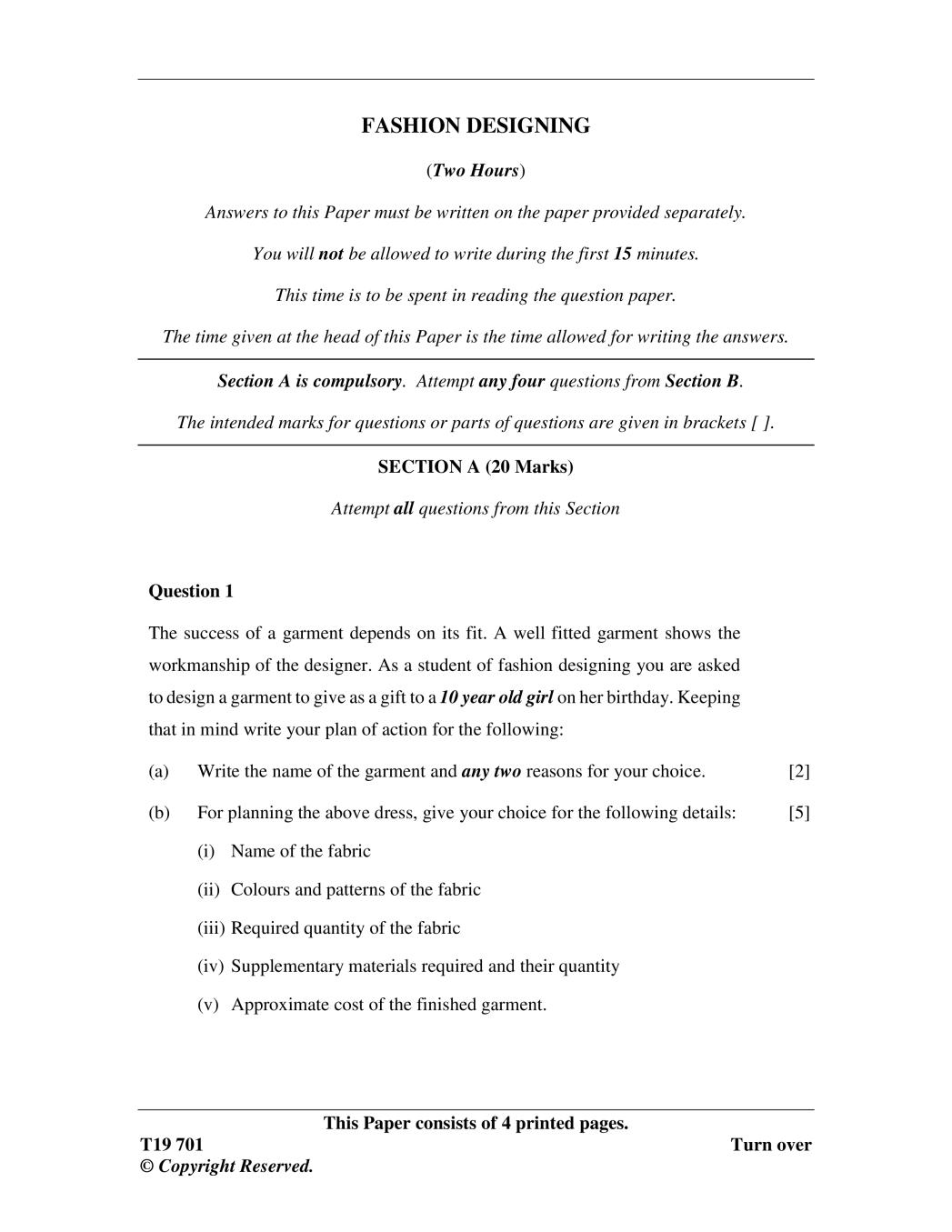 ICSE Class 10 Question Paper 2019 for Fashion Designing  - Page 1