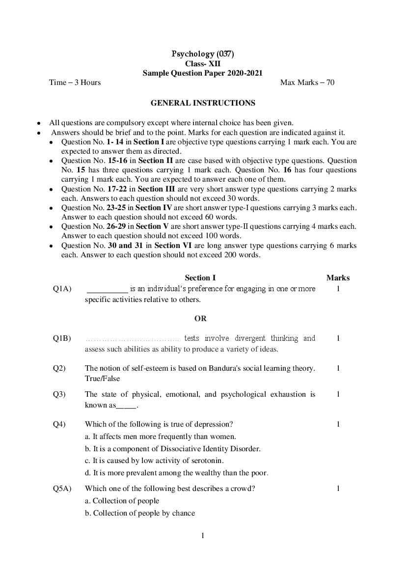 CBSE Class 12 Sample Paper 2021 for Psychology - Page 1