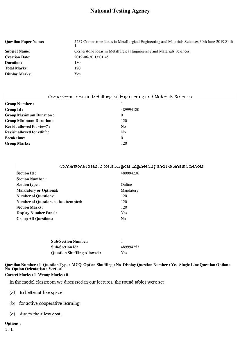 ARPIT 2019 Question Paper for Cornerstone Ideas in Metallurgical Engineering and Materials Science Shift 1 - Page 1 of 37