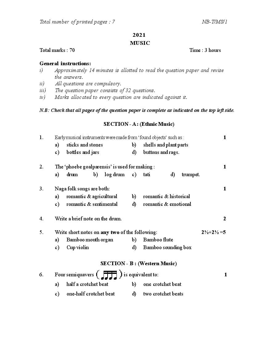 NBSE Class 10 Question Paper 2021 for Music - Page 1