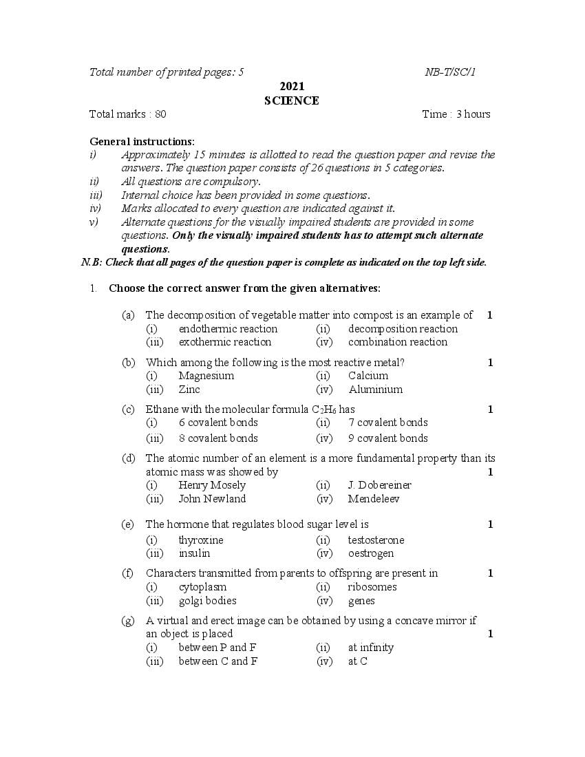 NBSE Class 10 Question Paper 2021 for Science - Page 1