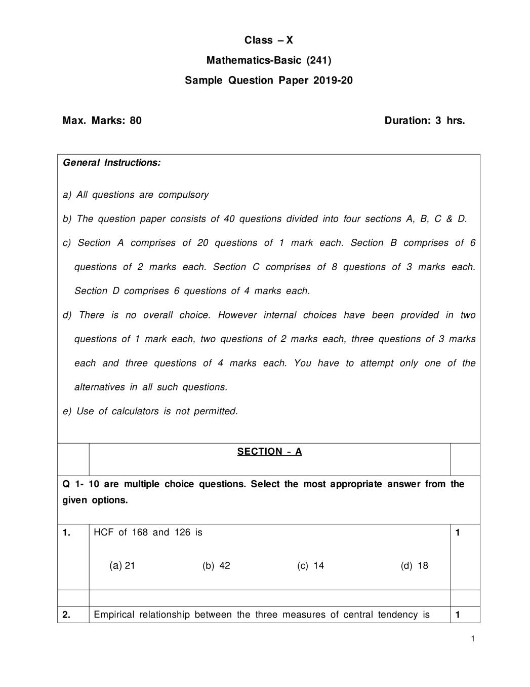 CBSE Class 10 Sample Paper 2020 for Mathematics Basic - Page 1