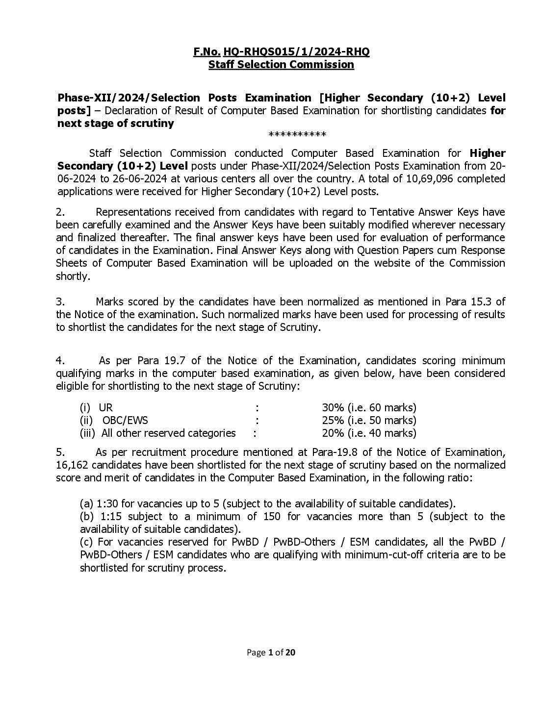 SSC Selection Post 2024 Cut Off Phase 12 Higher Secondary - Page 1 of 20