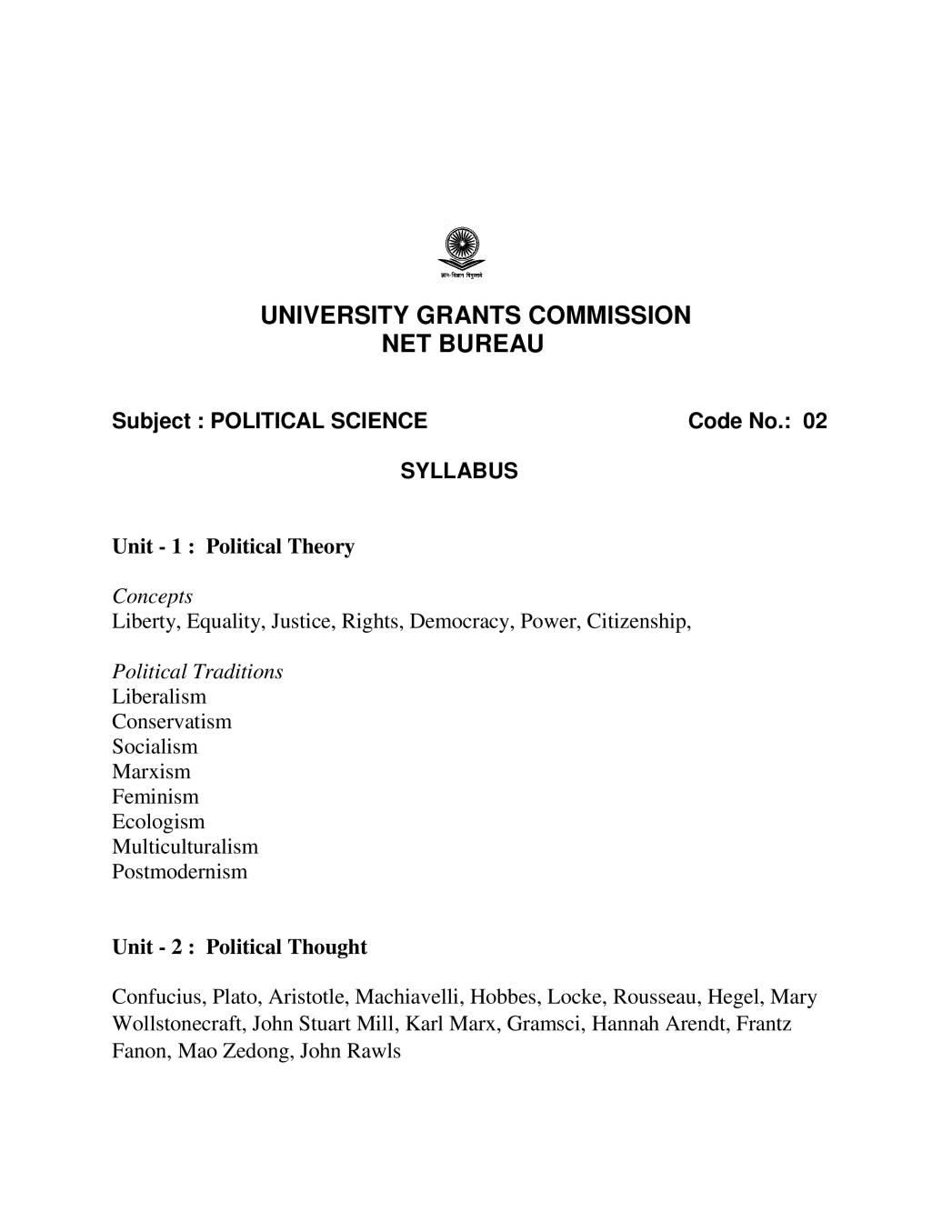 UGC NET Syllabus for Political Science 2020 - Page 1