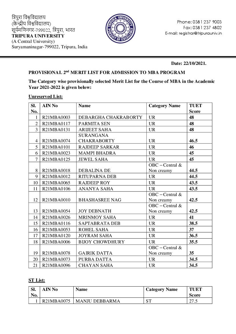 Tripura University Admission 2021 Provisional 2nd Merit List for MBA Programme - Page 1