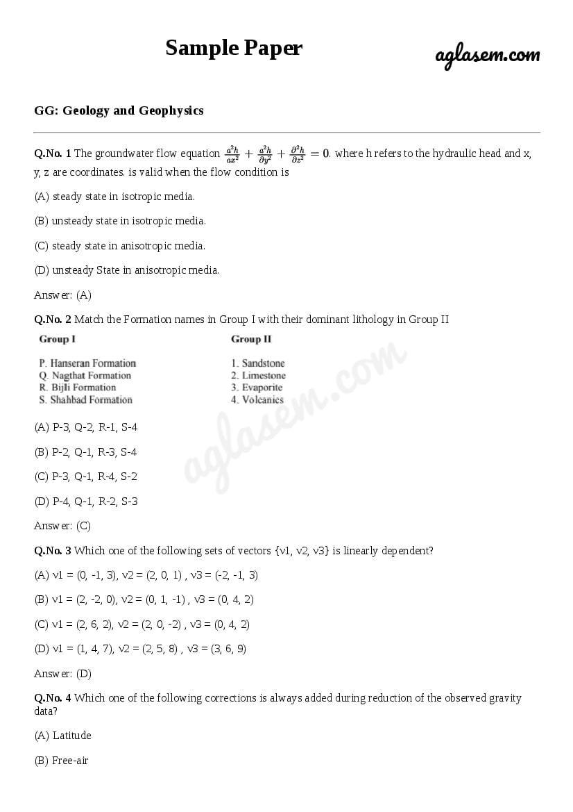 GATE Sample Paper for Geology and Geophysics - Page 1