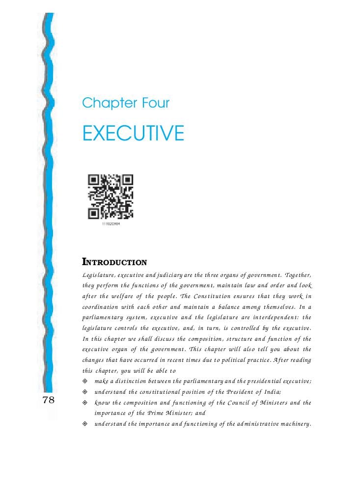NCERT Book Class 11 Political Science (Indian Constitution at Work) Chapter 4 Executive - Page 1