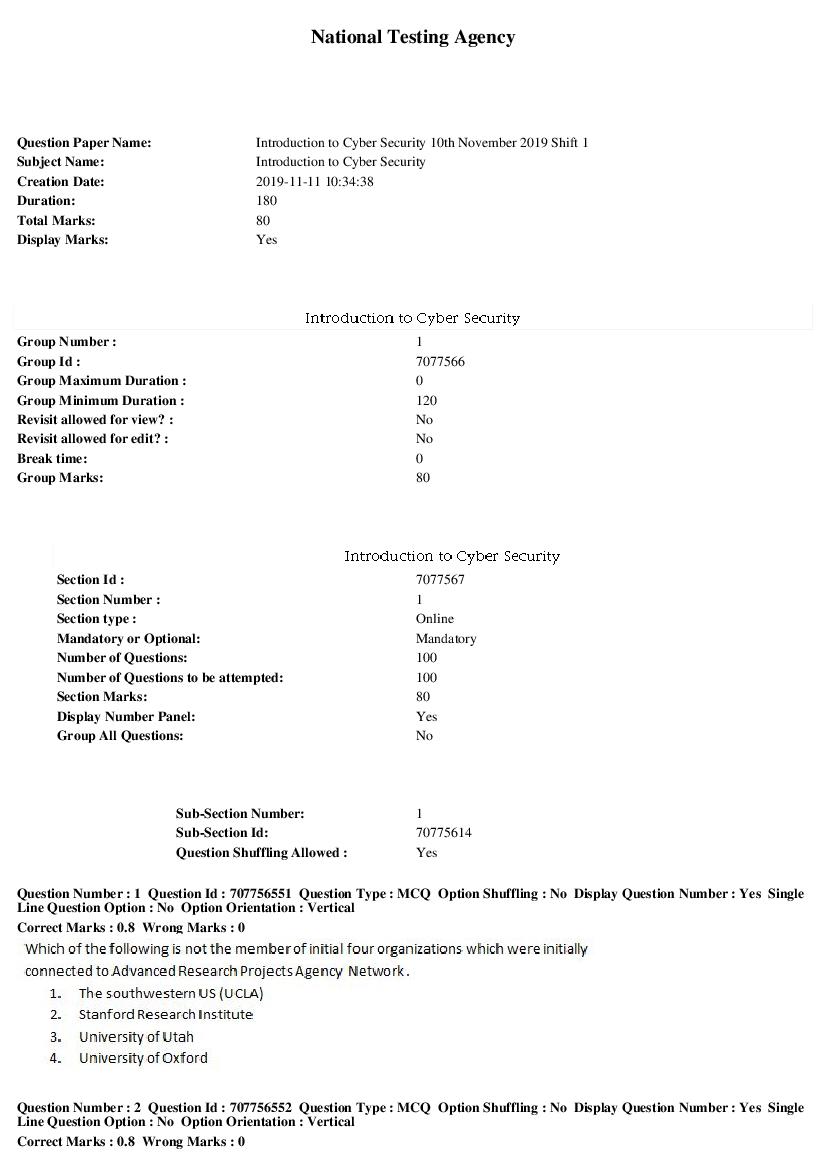 SWAYAM 2019 Question Paper Introduction to Cyber Security - Page 1 of 20