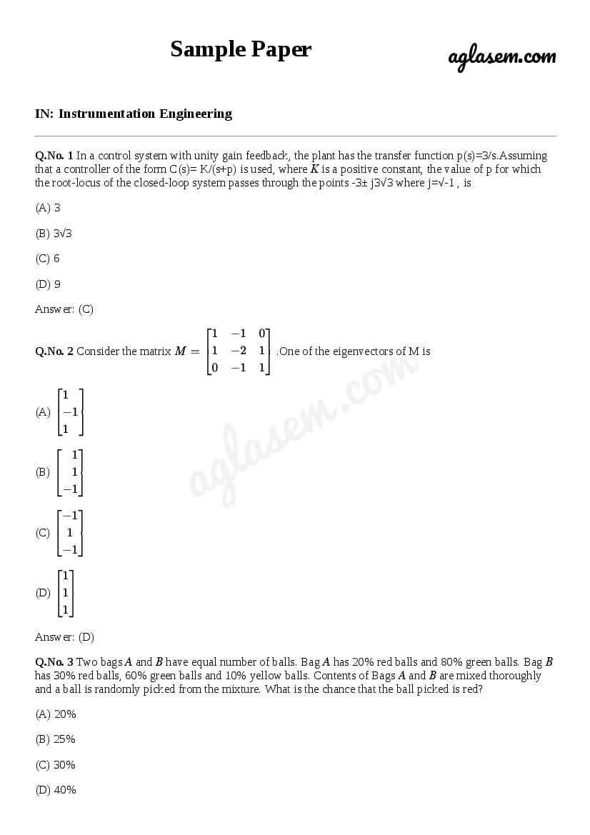 GATE Sample Paper for Instrumentation Engineering - Page 1