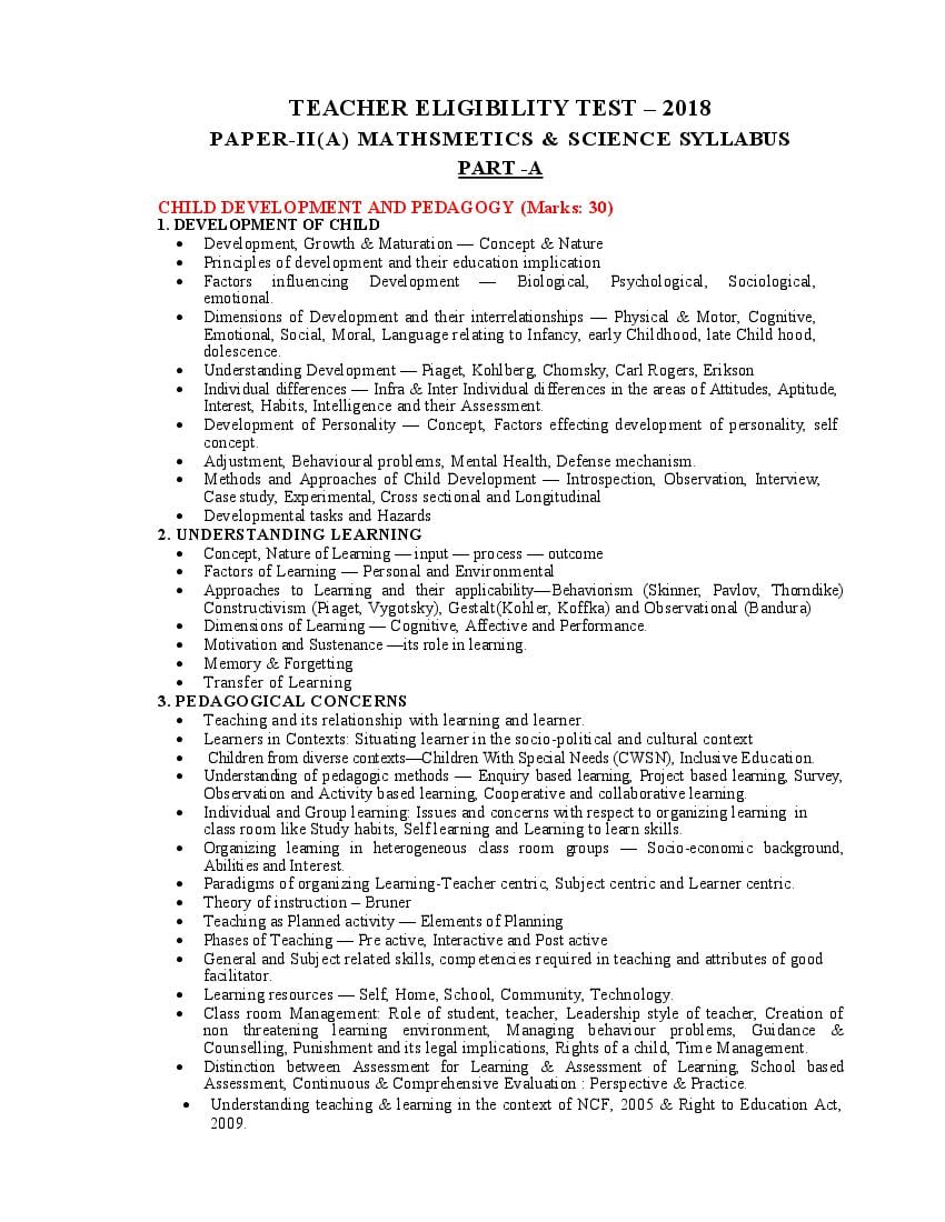 APTET Syllabus for Mathematics and Science Paper II-A - Page 1