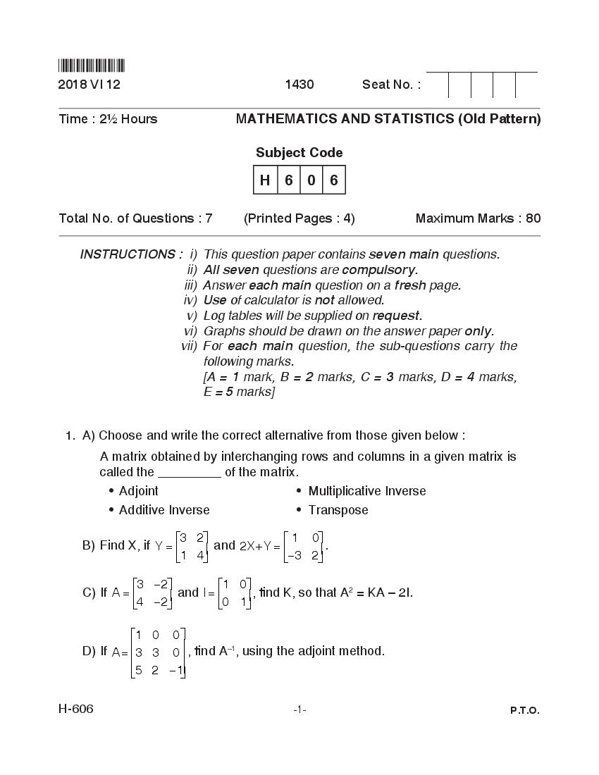 Goa Board Class 12 Question Paper June 2018 Mathematics and Statistics _Old Pattern_ - Page 1