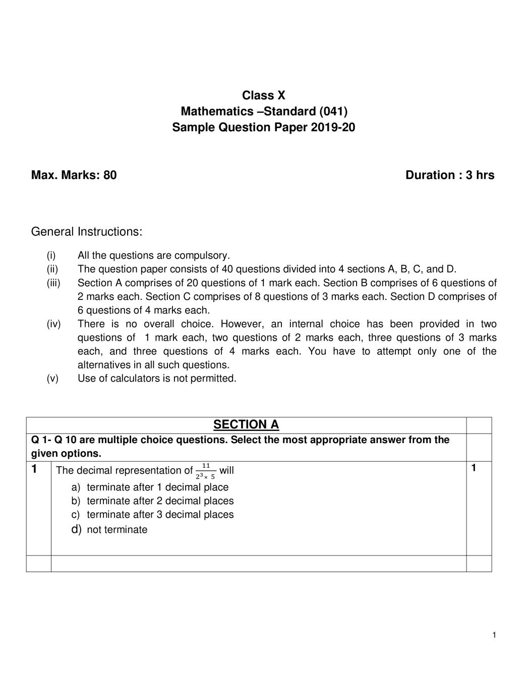CBSE Class 10 Sample Paper 2020 for Mathematics Standard - Page 1